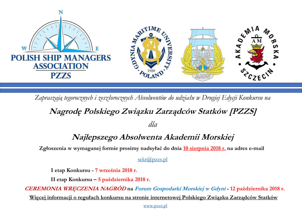 Ogłoszenie o drugiej edycji Konkursu o Nagrodę Polskiego Związku Zarządców Statków dla Najlepszego Absolwenta Akademii Morskiej