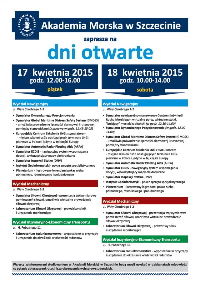 Akademia Morska w Szczecinie zaprasza na dni otwarte 17 i 18 kwietnia - program