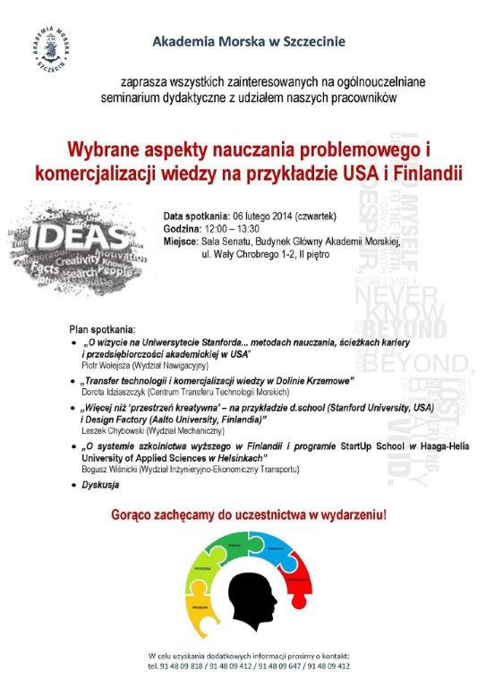 plakat - zaprosznie Nauczanie problemowe i komercjalizacja na przykładzie Finlandii i USA"