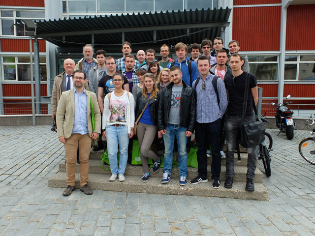 In the picture: The group of 3rd year Computer Science students in front of the entrance to the main building of Hochschule Furtwangen University. From the left-hand side: lecturers of the Faculty of Navigation - Professor Zbigniew Pietrzykowski and Paweł Banaś, PhD, the organiser of the visit and the host - Professor Peter Fleischer, Vice Dean for Students’ Affairs of the Faculty of Computer Science as well as students.