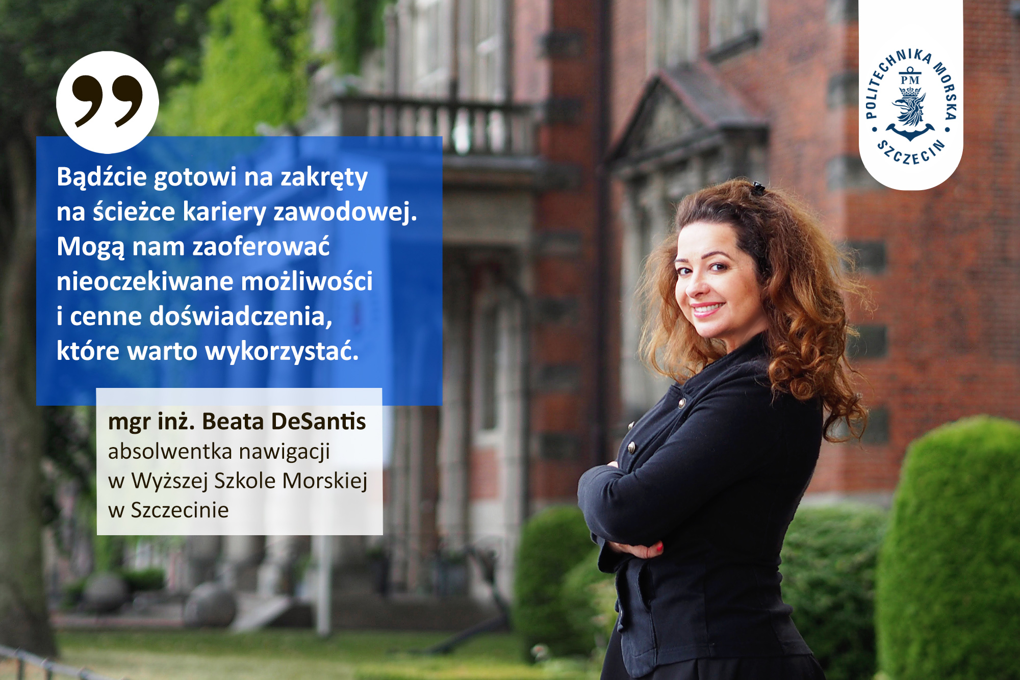 Beata DeSantis - absolwentka WSM w Szczecinie na tle uczelni