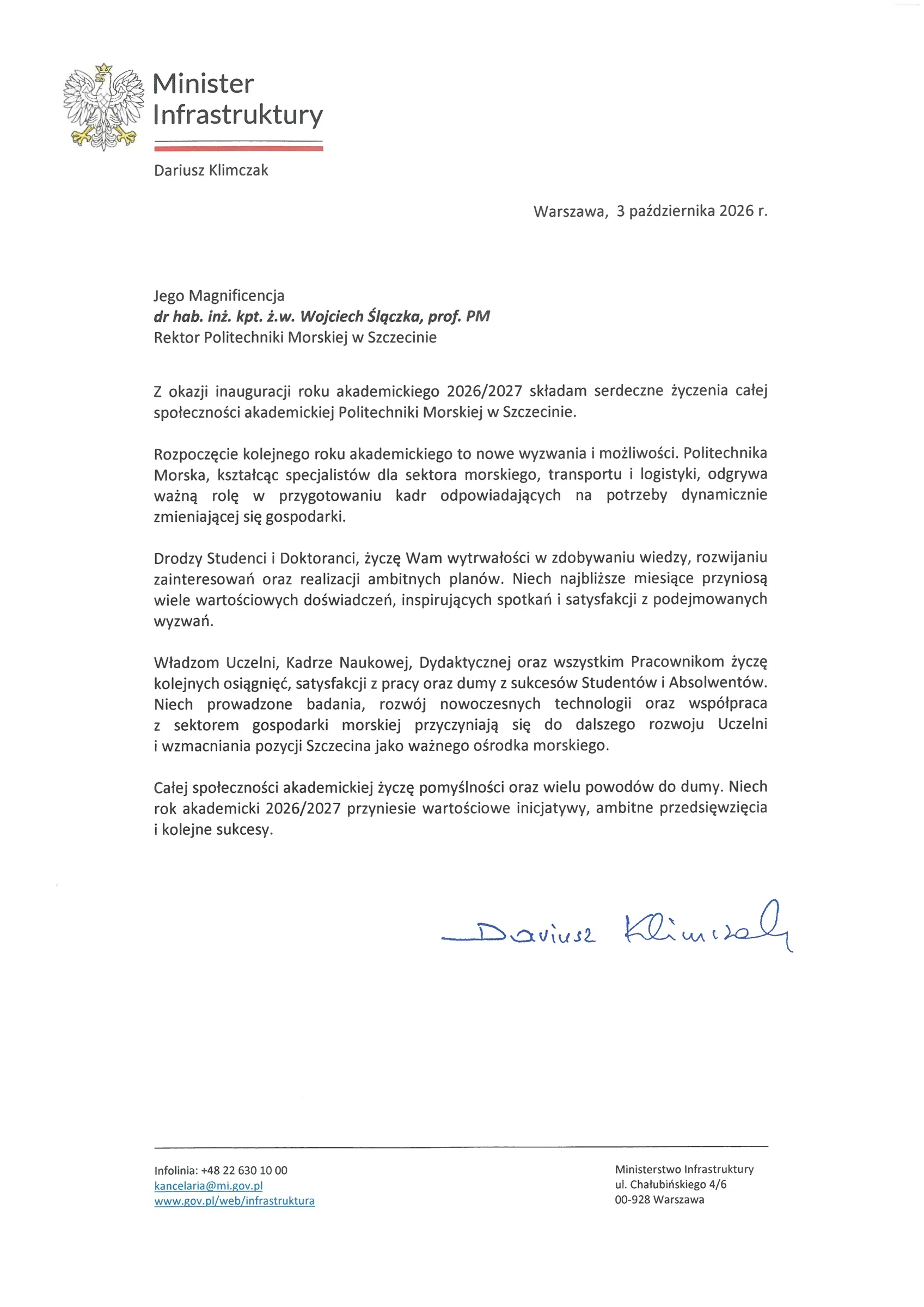 List od Ministra Infrastruktury Dariusza Klimczaka z okazji inauguracji roku akademickiego na Politechnice Morskiej w Szczecinie 2026/27
