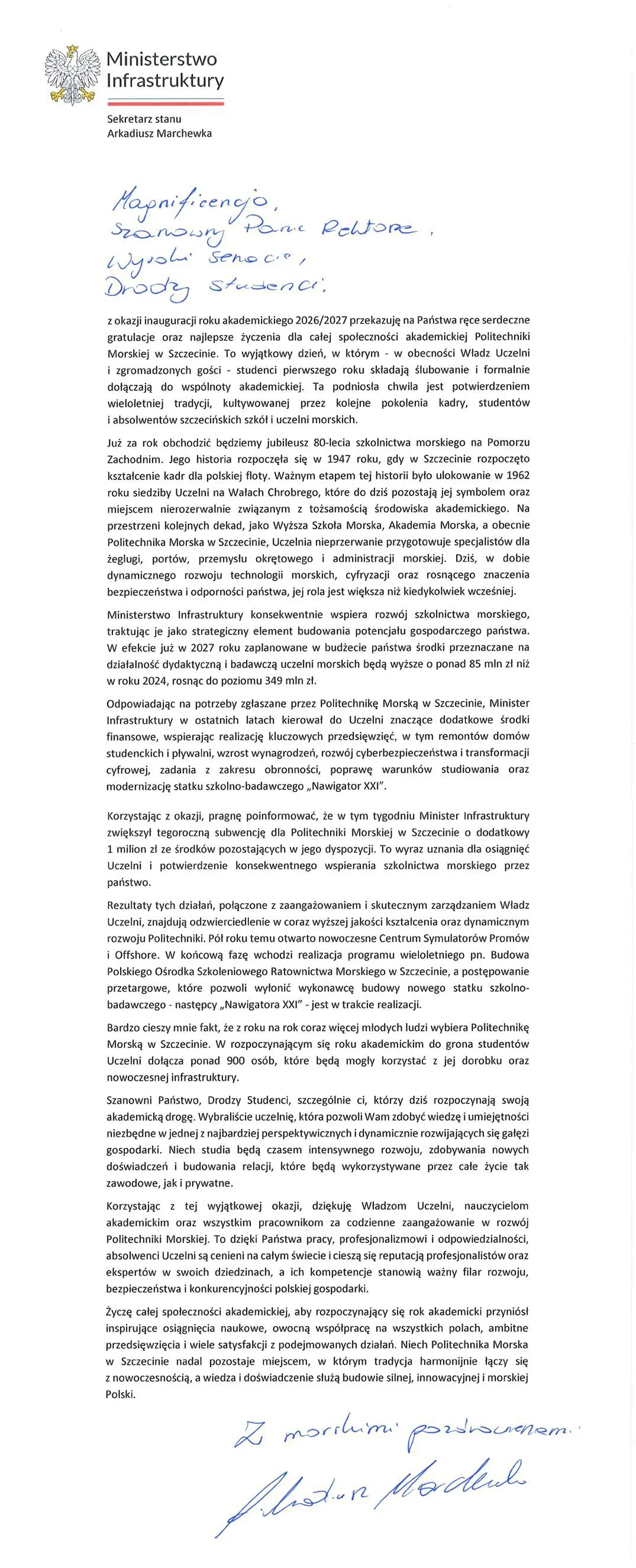 List od Wiceministra Infrastruktury Arkadiusza Marchewki na inaugurację roku akademickiego Politechniki morskije w Szczecinie 2026/27