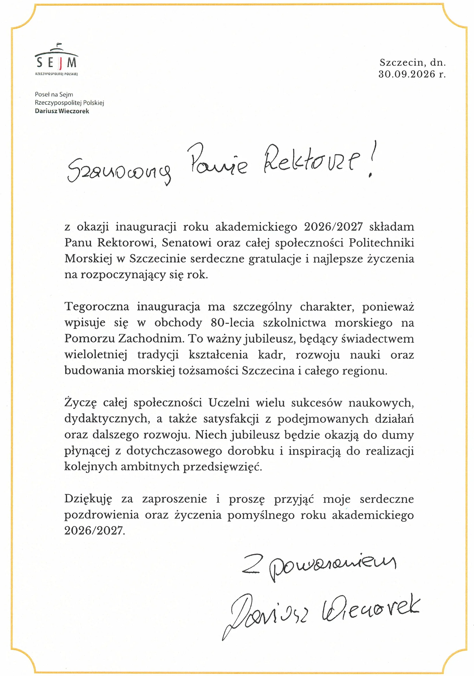 List od Posła Dariusza Wieczorka z okazji inauguracji roku akademickiego 2026/27 na Politechnice Morskiej w Szczecinie