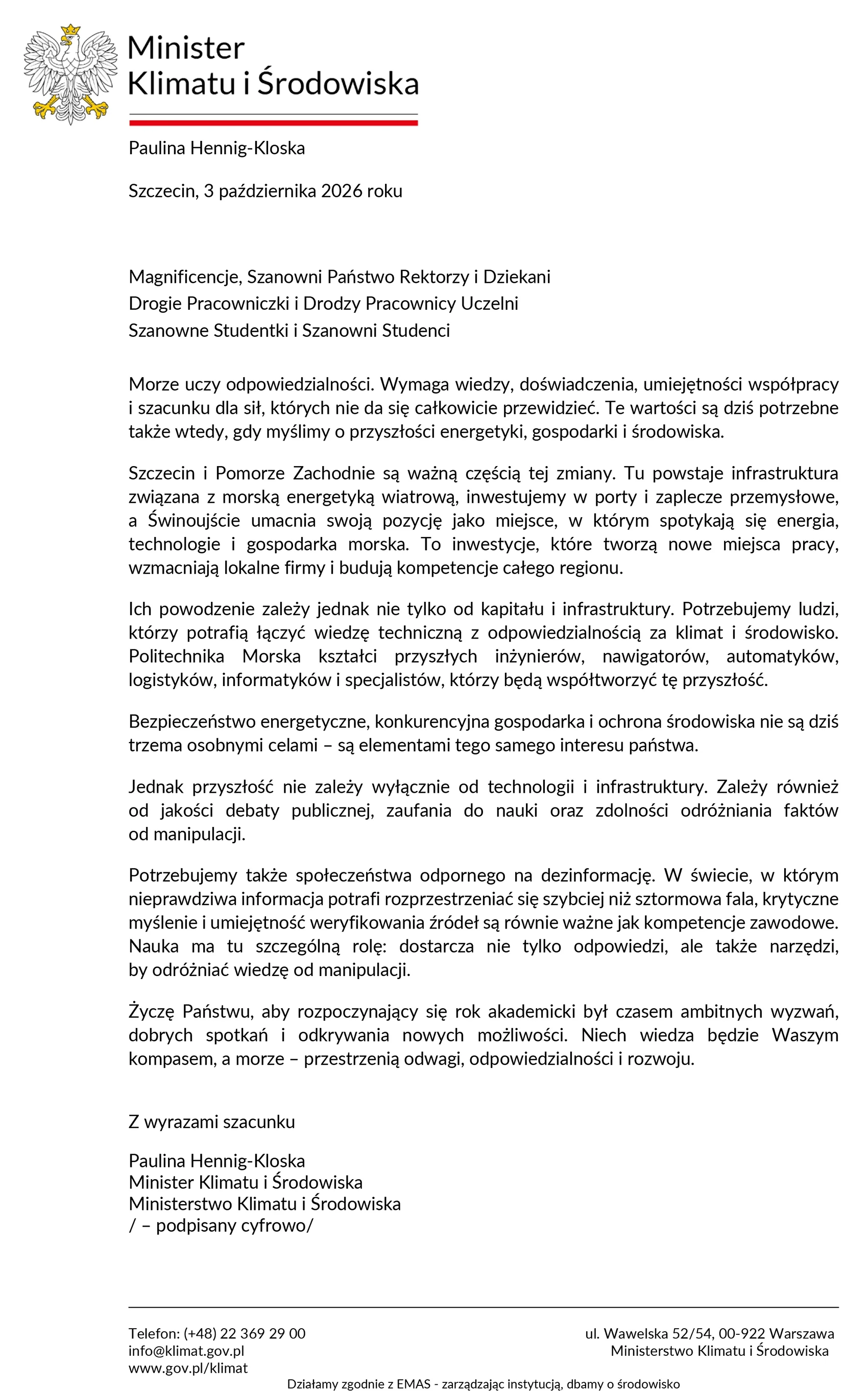 List od Ministra Klimatu i Środowiska Pauliny Hennig-Kloski z okazji inauguracji roku akademickiego 2026/27 na Politechnice Morskiej w Szczecinie