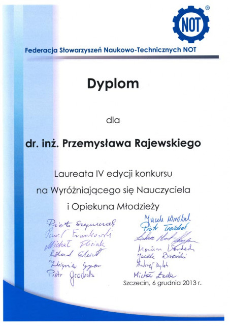 Dyplom konkursu na Wyróżniającego się Nauczyciela i Opiekuna Młodzieży