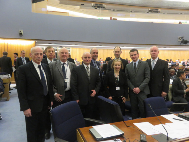 Polish delegation in the 3rd Session of the IMO NCSR Sub-Committee, London 2016. From the left-hand side: R. Wawruch, W. Salmonowicz, Z. Pietrzykowski, P. Zalewski, J. Maziarz, chairwoman of the delegation Anna Wypych-Namiotko, D. Grabiec, C. Puchacz, K. Korcz