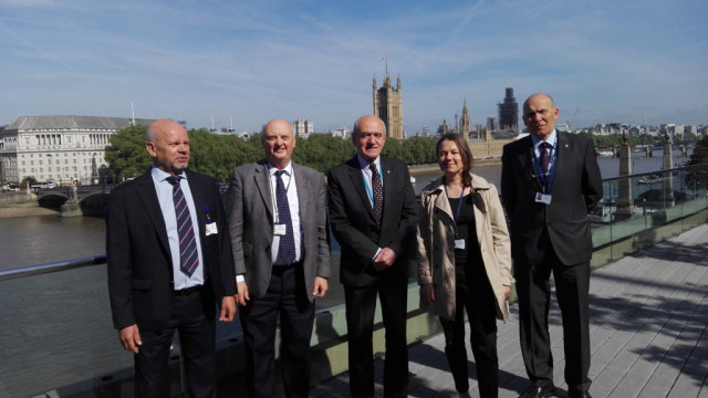 Fig. 2. Representatives of the Polish delegation in the 99th Session of the Maritime Safety Committee, London 2018 From the left hand side: Tadeusz Wojtasik – the Deputy Head of the delegation, Zbigniew Pietrzykowski - the delegation expert, Wacław Bielawski - the Permanent Representative of the Republic of Poland to the IMO - the Head of the delegation, Marta Grabowska – the Deputy Head of the delegation, Paweł Perkowski - a delegation member.