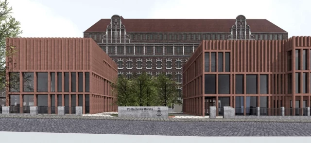 Budynek Centrum Symulatorów Promów i Offshore, LSO i w tle budynek (istniejący) PM -  wizualizacja projektowa