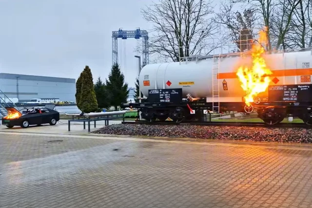 Płonąca cysterna kolejowa do ćwiczeń pożarowych
