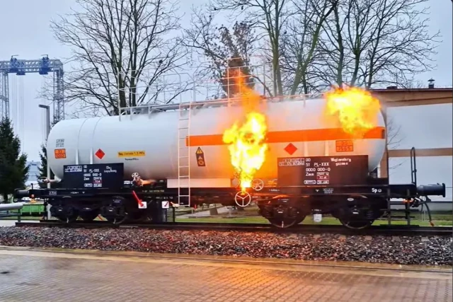 Płonąca cysterna kolejowa do ćwiczeń pożarowych