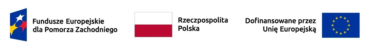 Fundusze Europejskie dla Pomorza Zachodniego, flaga RP, flaga UE ciąg znaków