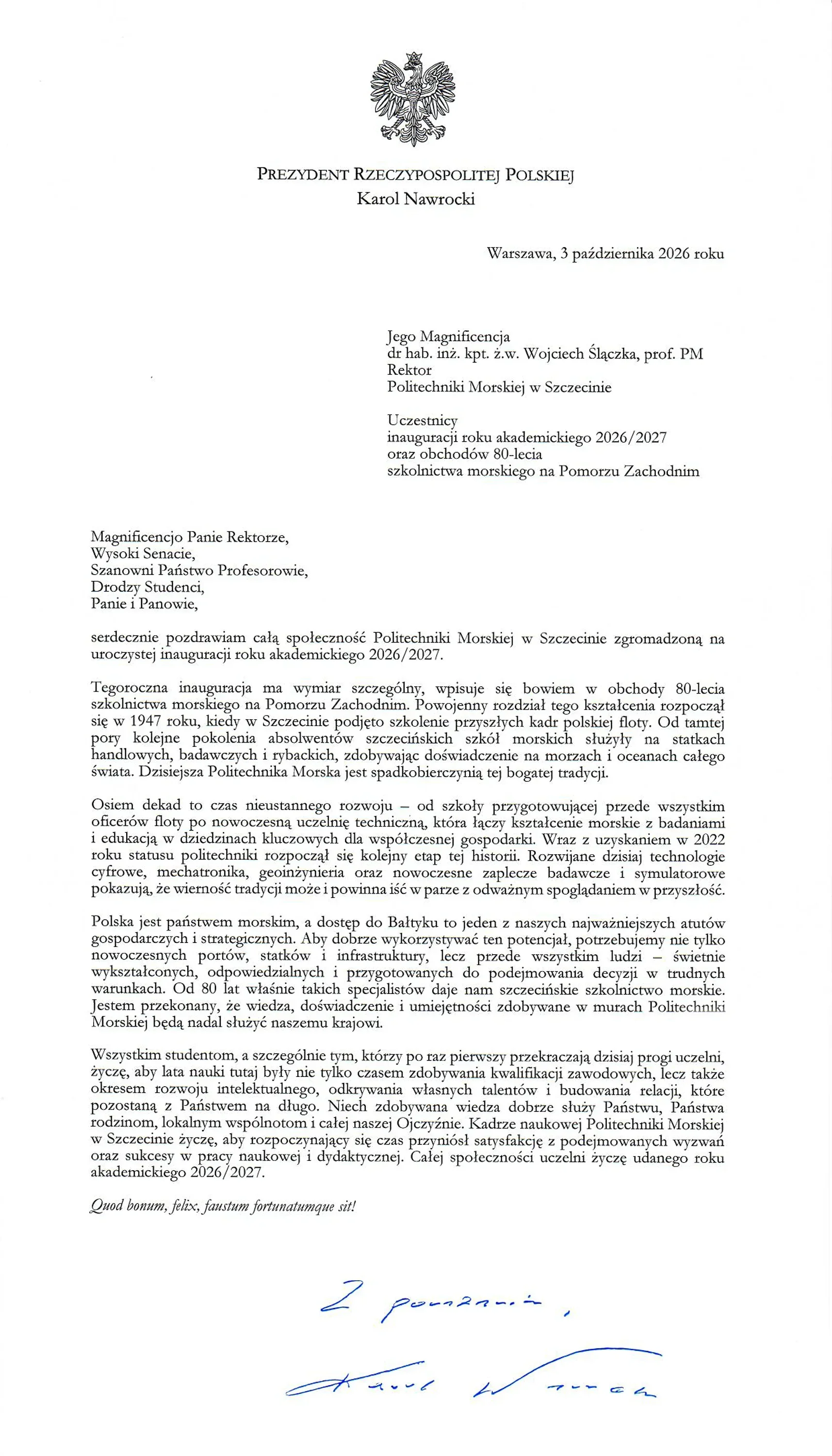 List Prezydenta RP Karola Nawrockiego na inaugurację roku akademickiego Politechniki Morskiej w Szczecinie 2026/27 i 80-lecie szkolnictwa morskiego na Pomorzu Zachodnim