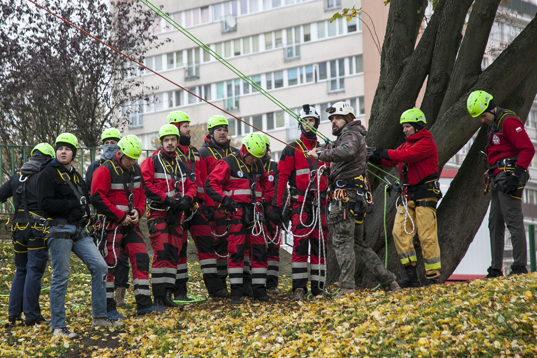 A lifeguards prepare a rope during a high angle rescue exercise