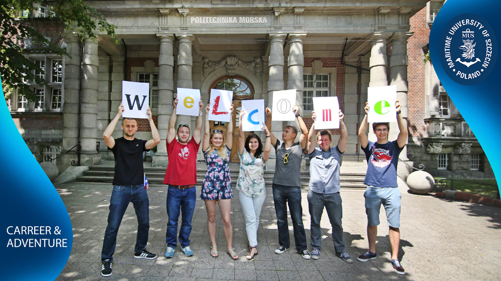 Students in front of MUS main entrance with WELCOME sign