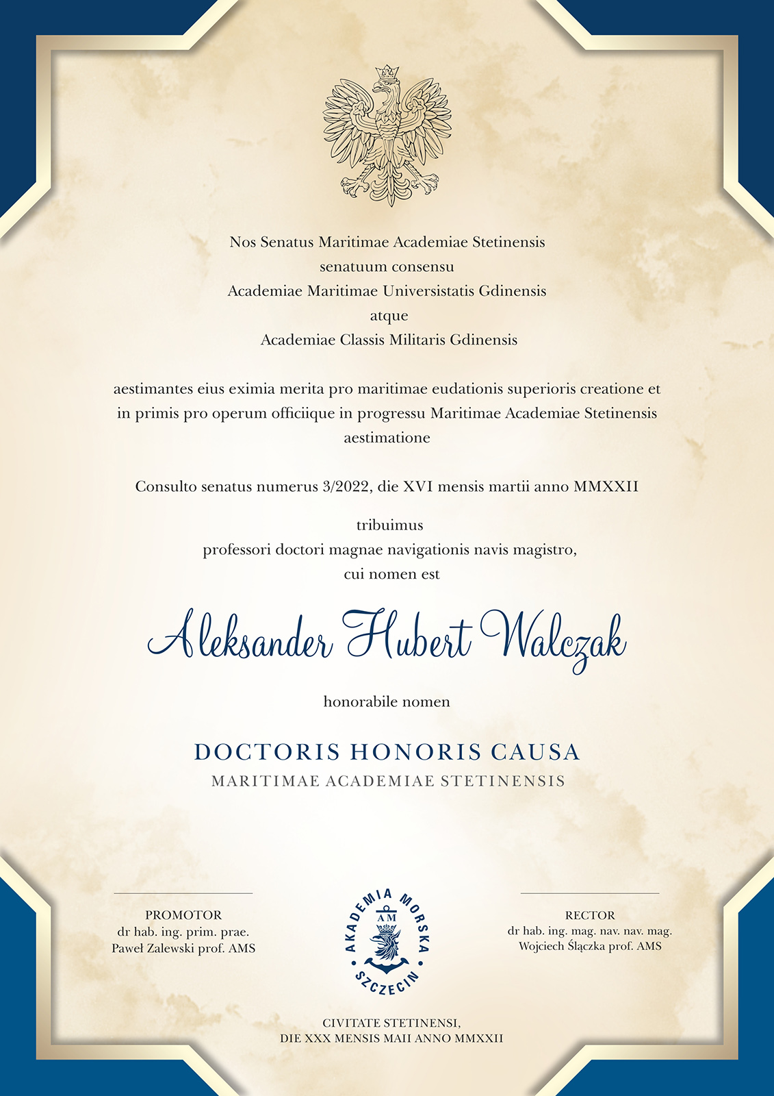 Diploma for Prof. A.Walczak-  Doctor Honoris Causa of the Maritime Academy in Szczecin 