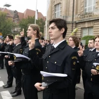 Studenci mundurowi pierwszego roku składają ślubowanie na sztandar podczas uroczystej inauguracji roku akademickiego na Politechnice Morskiej w Szczecinie