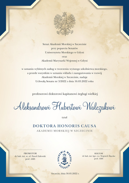 dyplom doktora honoris causa Akademii Morskiej w Szczcinie dla prof. dr. kpt. ż.w.  Aleksandra Walczaka