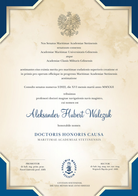  Diploma for Prof. A. Walczak-  Doctor Honoris Causa of the Maritime University of Szczecin 