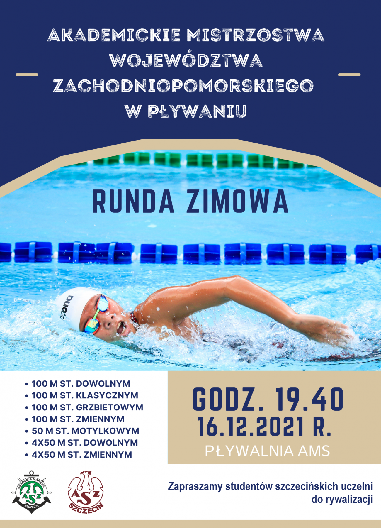 Zapraszamy studentów szczecińskich uczelni do rywalizacji- Akademickie Mistrzostwa Województwa Zachodniopomorskiego w Pływaniu 2021/22- runda zimowa - plakat