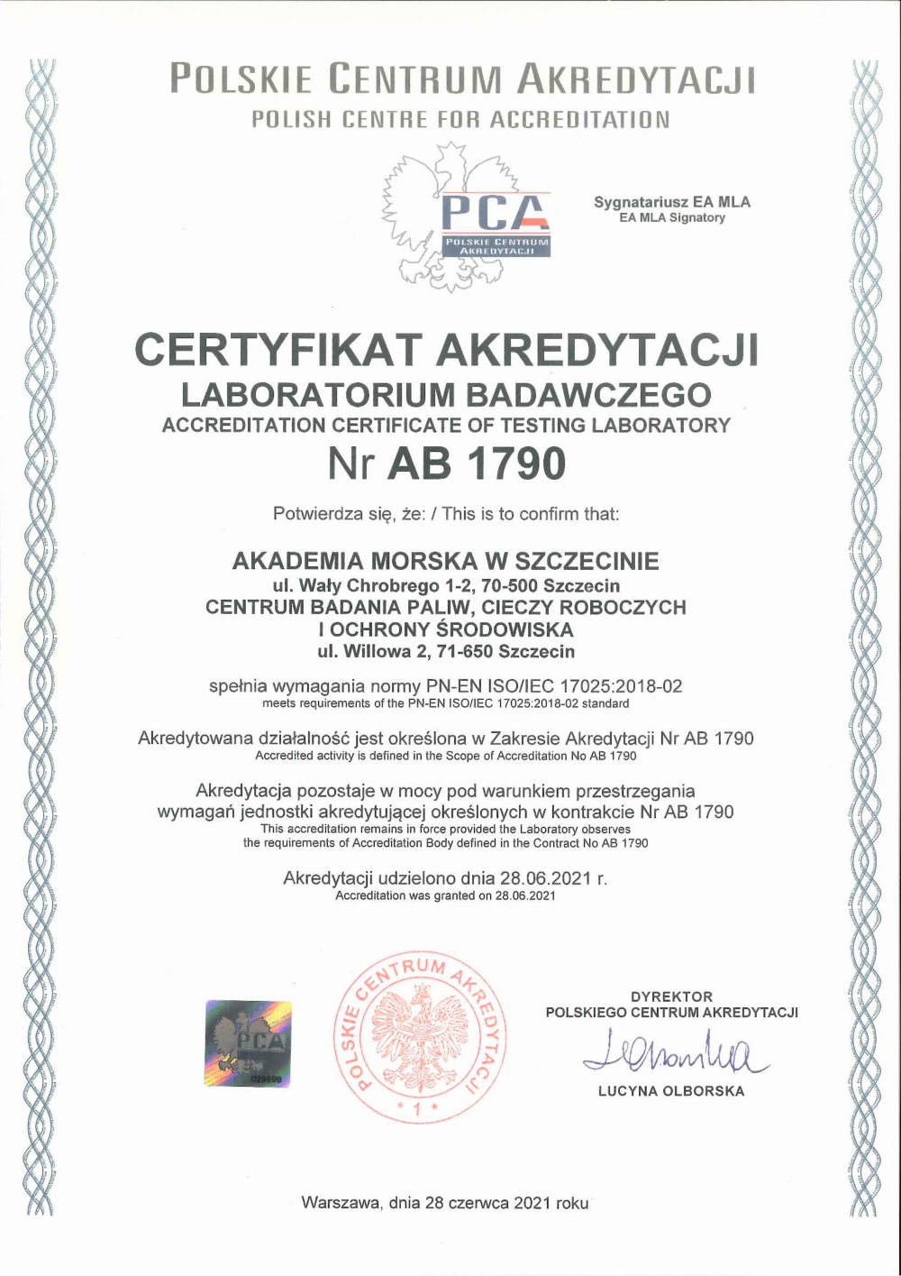 akredytacja Polskiego Centrum Akredytacji (PCA)