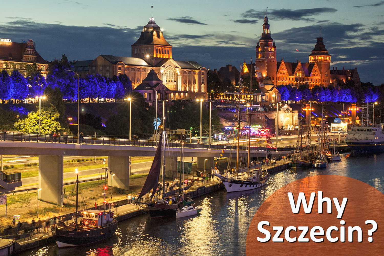 Szczecin riverside quay with yachts and Haren Terrasse in the background