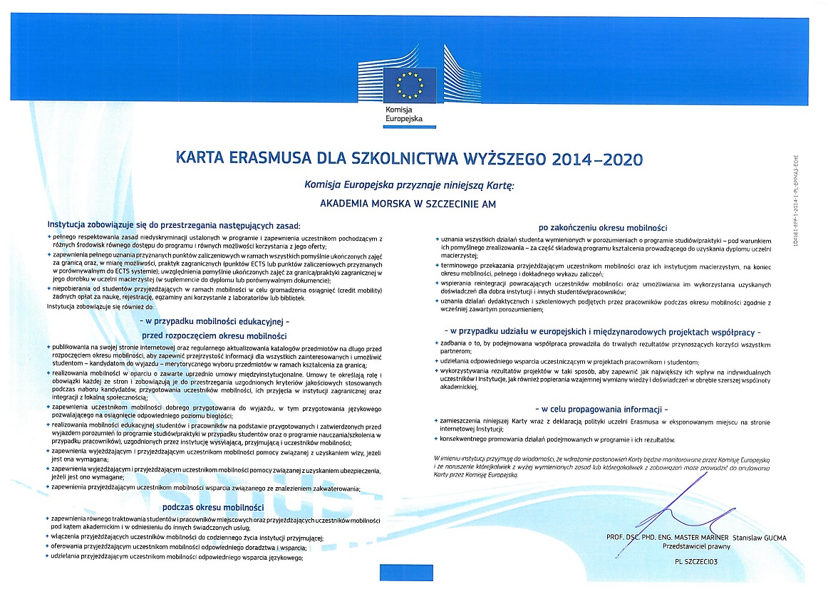 KARTA ERASMUSA DLA SZKOLNICTWA WYŻSZEGO - dla Akademii Morskiej w Szczecinie