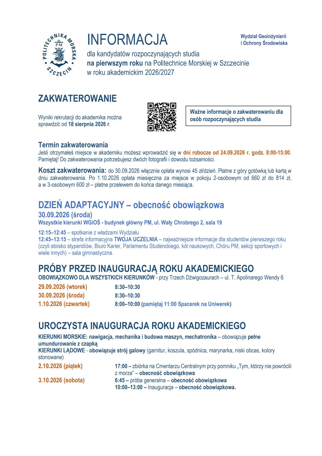 Informacja dla przyjętych Wydział Geoinzynierii i Ochrony Środowiska na rok 2026/27 cz.1