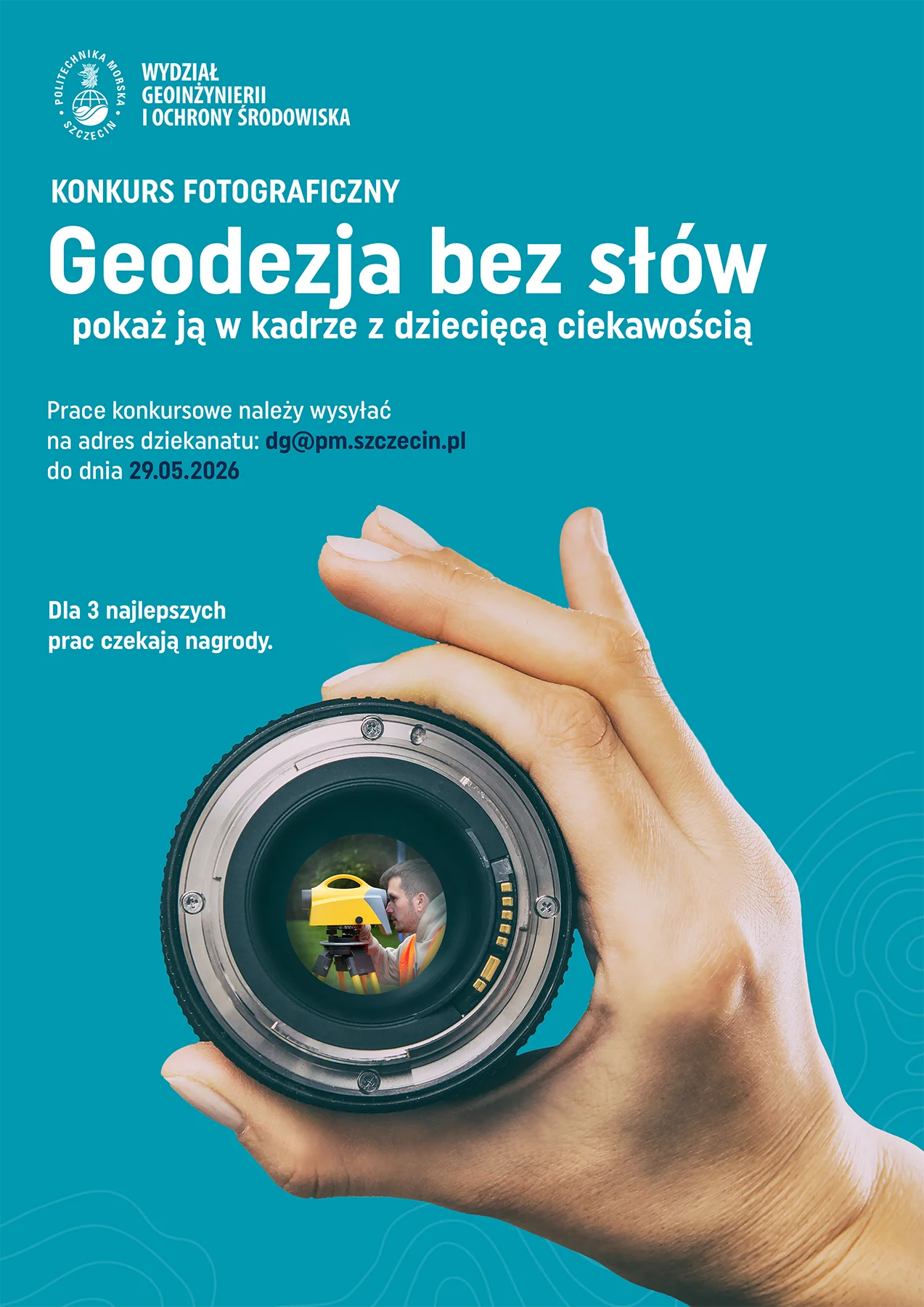 Plakat konkursu konkursu „Geodezja bez słów – pokaż ją w kadrze z dziecięcą ciekawością”