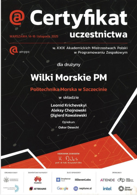 Certyfikat uczestnictwa naszej drużyny w Akademickich Mistrzostwach Polski w Programowaniu Zespołowym  