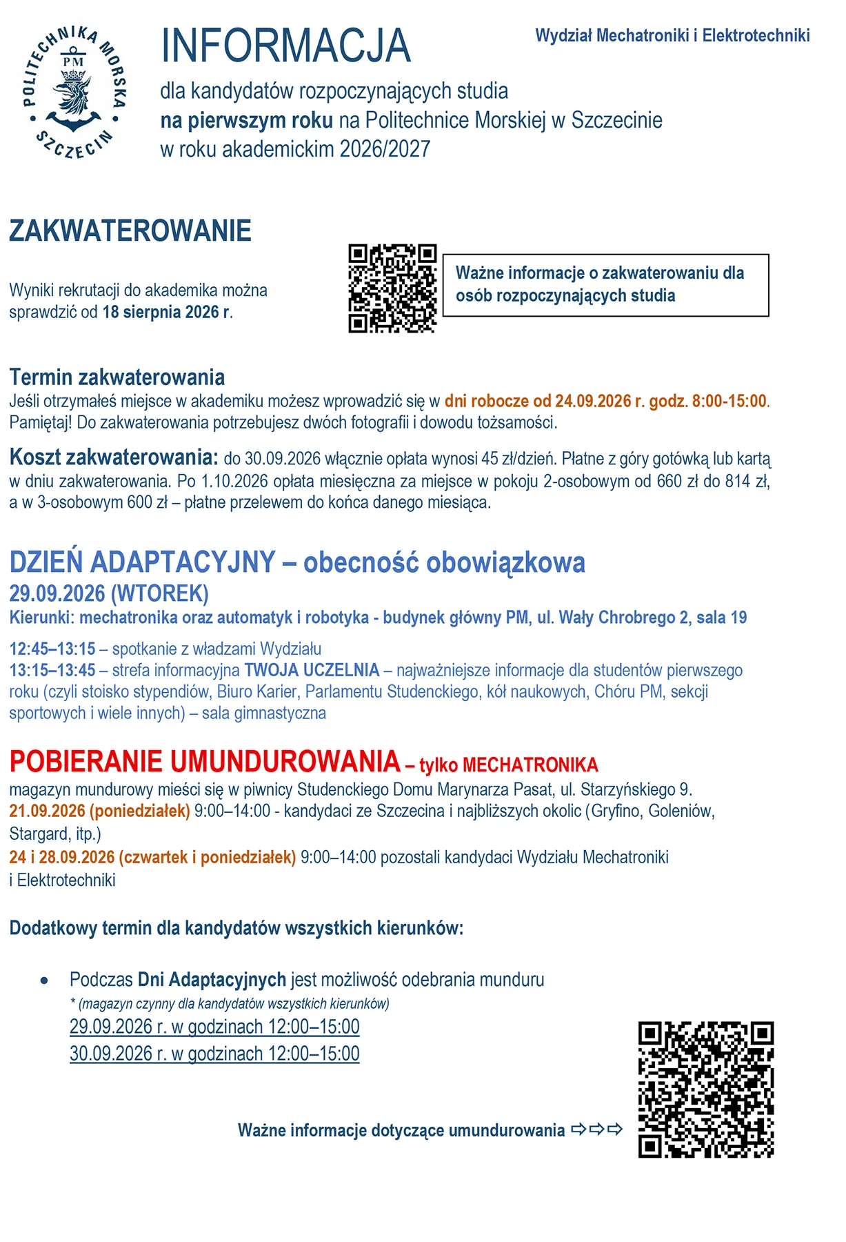 Informacja dla kandydatów przyjętych na pierwszy rok studiów na Wydziału Mechatroniki i Elektrotechniki PM w roku 2026/7 (cz.1)
