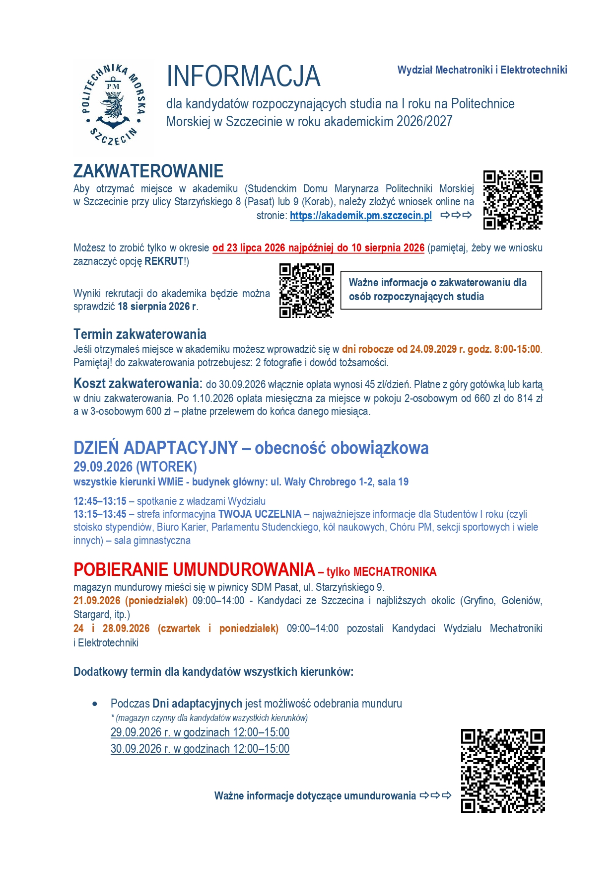 Informacja dla kandydatów przyjętych na pierwszy rok studiów WMiE 2026 aa