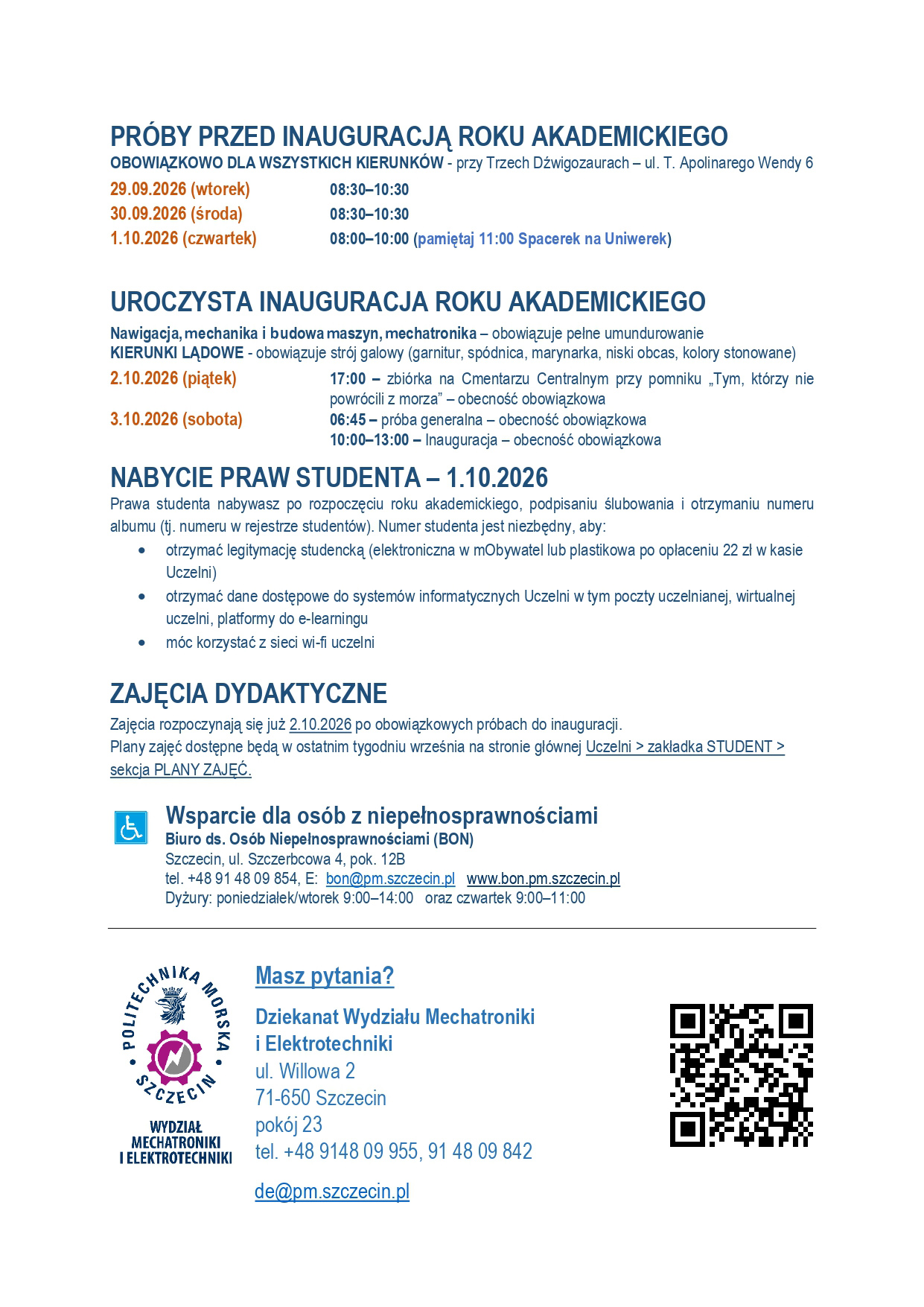 Informacja dla kandydatów przyjętych na studia na WMiE PM 2026 ccc