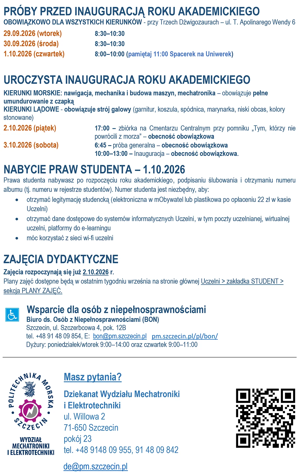 Informacja dla kandydatów przyjętych na pierwszy rok studiów na Wydziału Mechatroniki i Elektrotechniki PM w roku 2026/7 (cz.2)