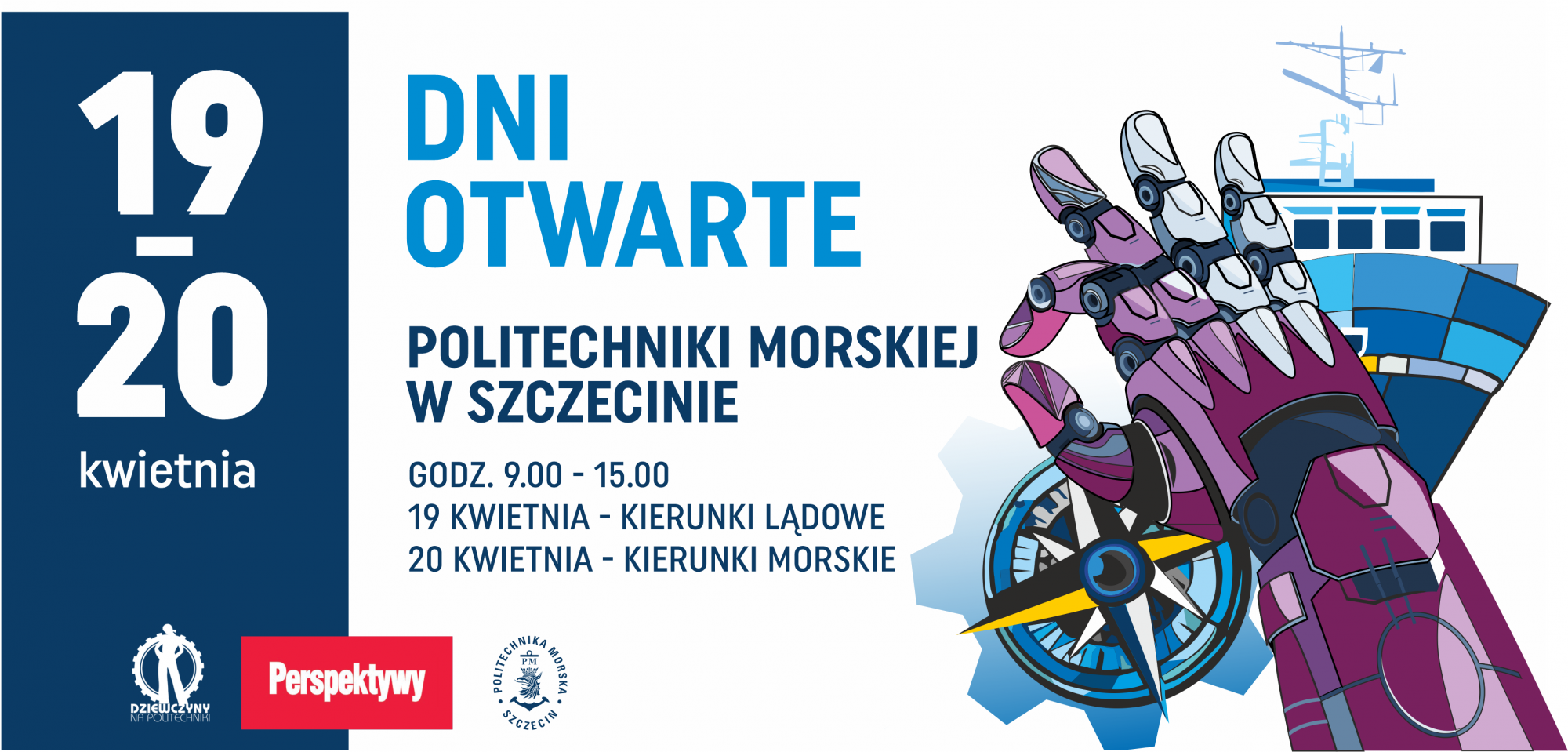 Zaproszenie na dni otwarte Politechniki Morskiej w Szczecinie - grafika ze statkiem i ręką robota