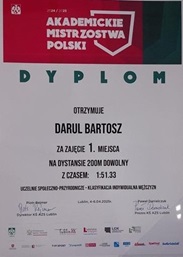 Dyplom Bartosza Darula za zajęcie I miejsca na 200 m stylem dowolnym.