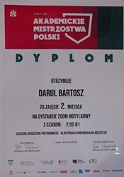 Dyplom Bartosza Darula za zajęcie II miejsca na 200 m stylem motylkowym.