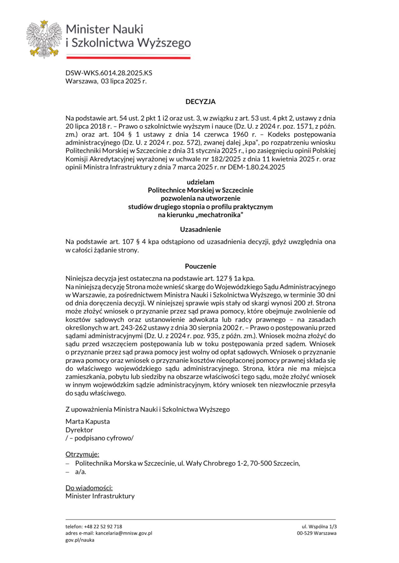 Decyzja ministerialna o pozwoleniu na utworzenie studiów drugiego stopnia na kierunki mechatronika na PM