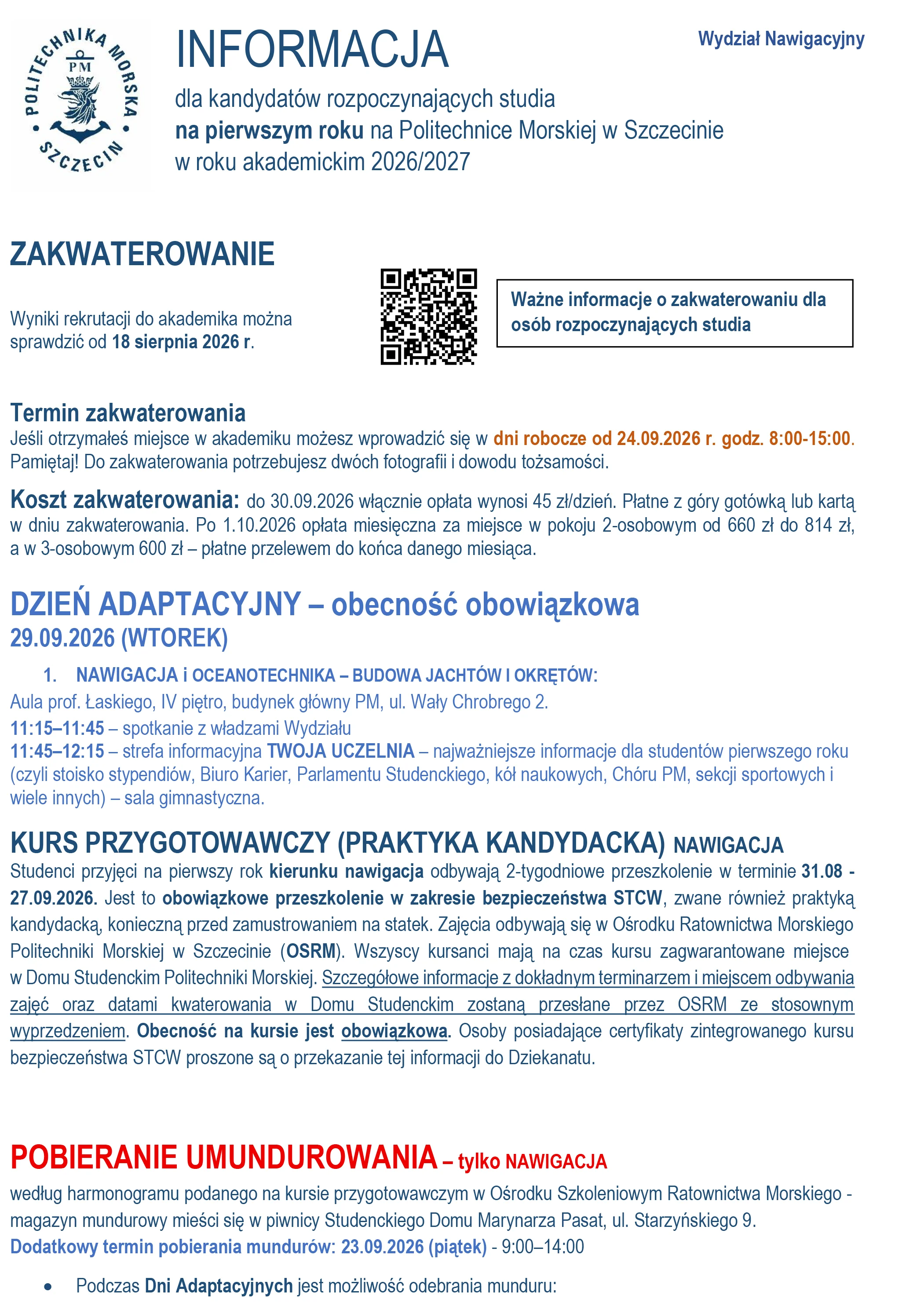 Informacja dla osób przyjętych Wydział Nawigacyjny PM cz 1
