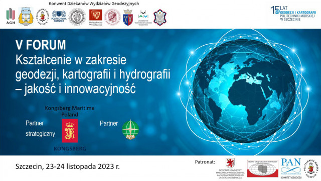 V Forum - Kształcenie w zakresie geodezji, kartografii i hydrografii  – jakość i innowacyjność - grafika + loga uczelni