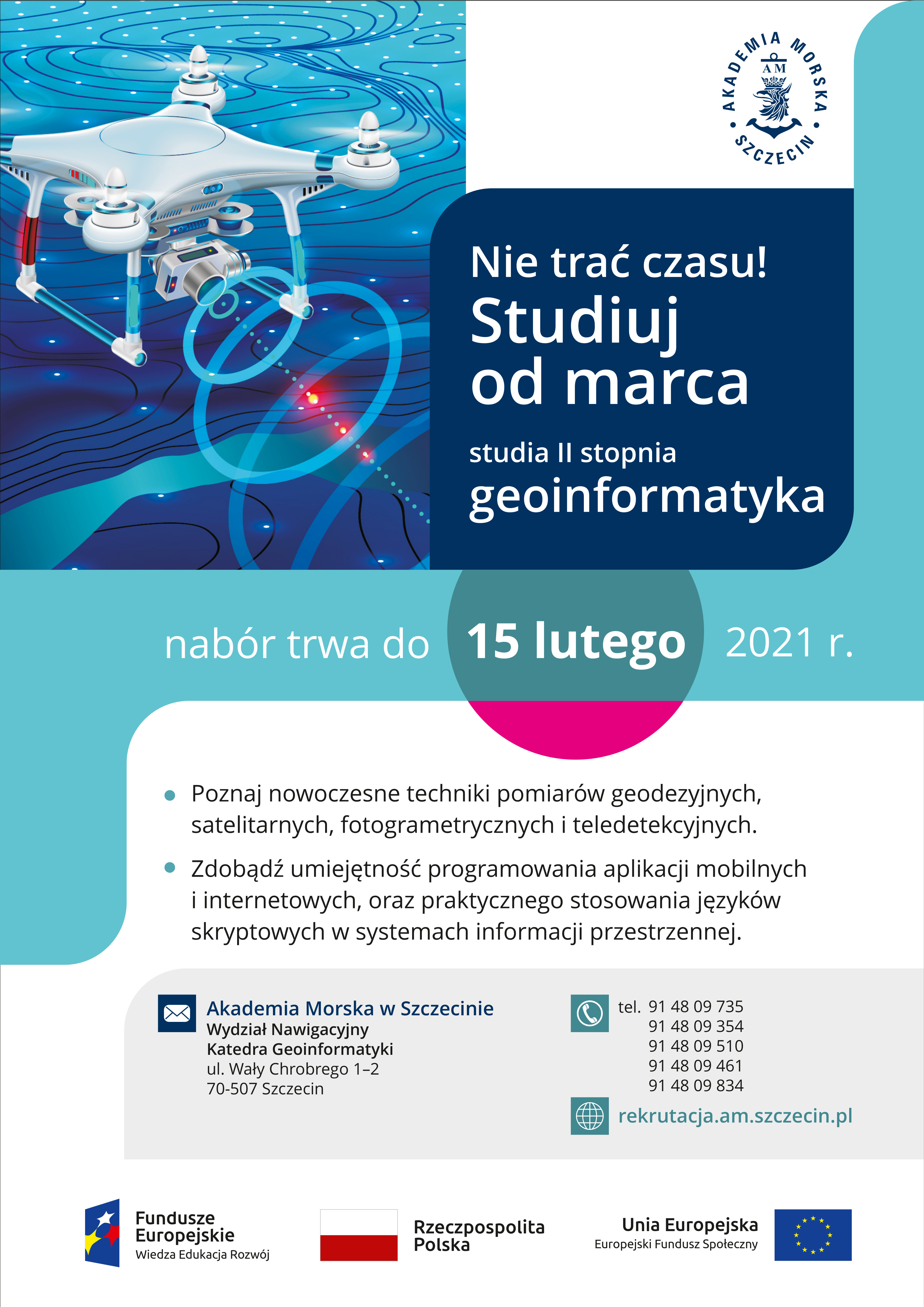 Plakat rekrutacyjny na geoinformatykę II stopień  w Akademii Morskiej w Szczecinei