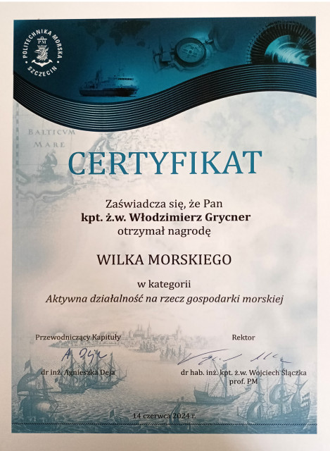 Certyfikat nagrody Wilka Morskiego dla kpt. ż.w. Włodzimierza Grycnera