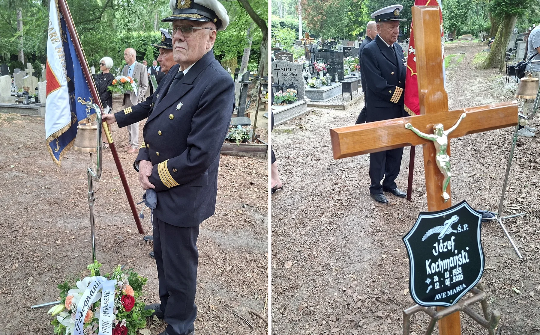 poczet sztandarowy na pogrzebie  kpt. J. Kochmańskiego na cmentarzu i krzyz z tabliczką imienną