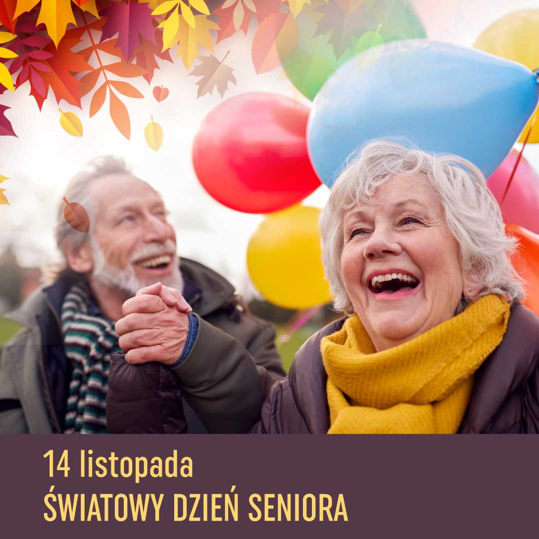 Plakat przedstawiający parę uśmiechniętych  seniorów na tle kolorowych balonów