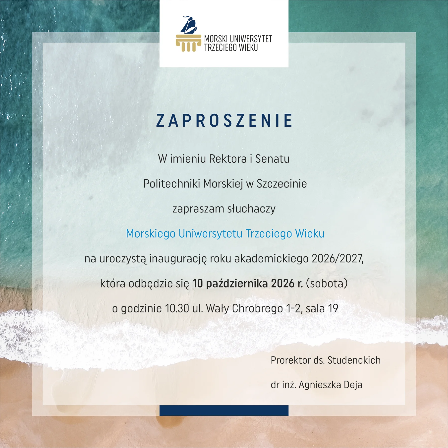 Zaproszenie na inauguracje Morskiego Uniwersytetu Trzeciego Wieku na PM