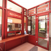 The main entrance and the reception desk at Pasat - student hall of residence, MUS, Szczecin, Poland