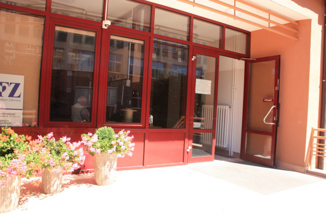 The main entrance and the reception desk at Pasat - student hall of residence, MUS, Szczecin, Poland