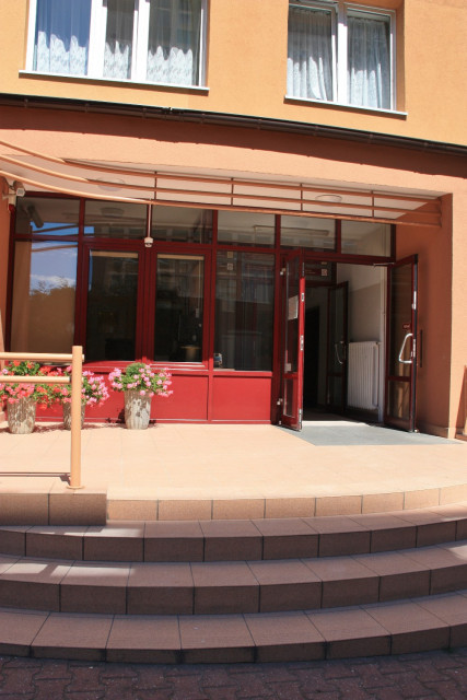 The main entrance and the reception desk at Pasat - student hall of residence, MUS, Szczecin, Poland