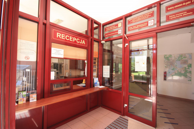 The main entrance and the reception desk at Pasat - student hall of residence, MUS, Szczecin, Poland