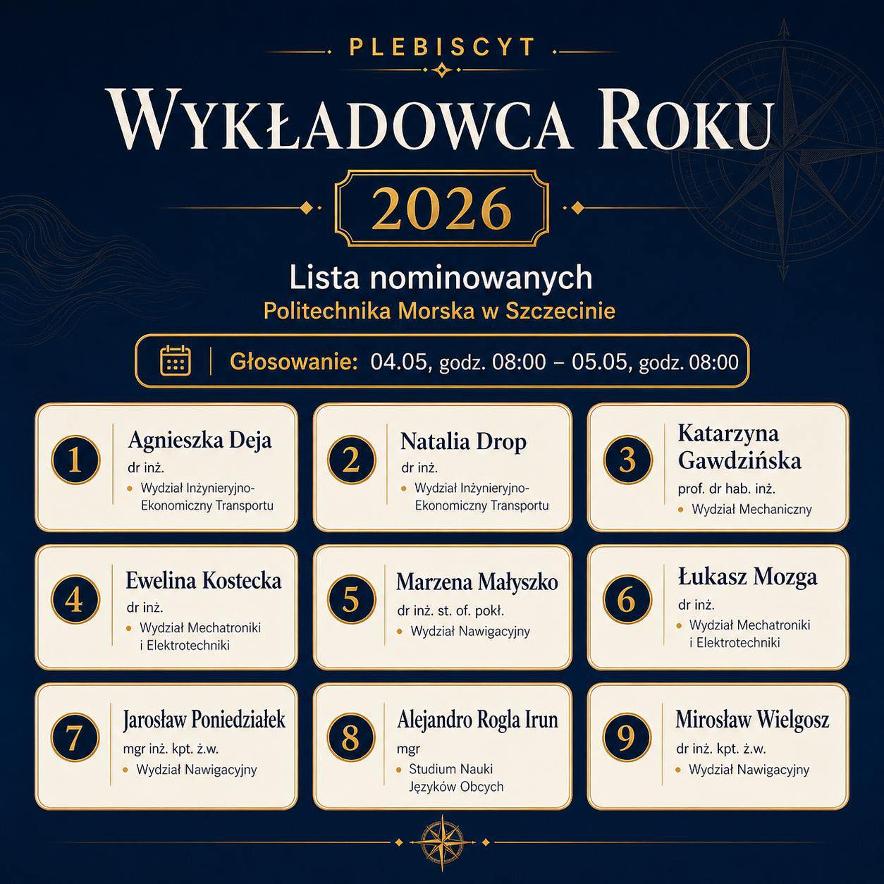 Wykładowca Roku PM 2026 nominowani i  zaproszenie do głosowania